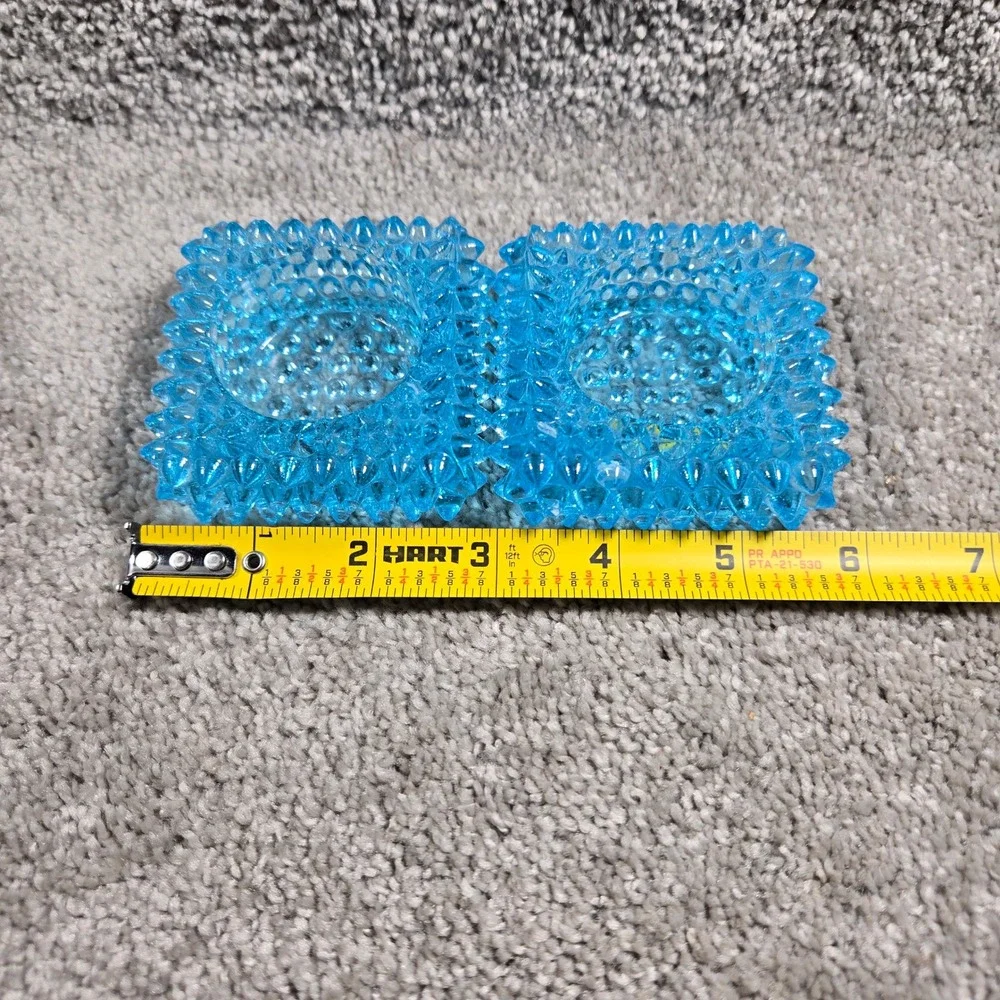 Vintage Hobnail Glass Candle Holder Set Turquoise Blue Square Votive Pair